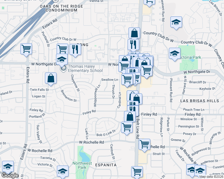 map of restaurants, bars, coffee shops, grocery stores, and more near 3431 Thrush Drive in Irving