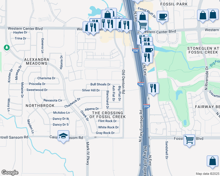 map of restaurants, bars, coffee shops, grocery stores, and more near 2733 Bull Shoals Drive in Fort Worth