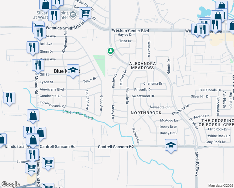 map of restaurants, bars, coffee shops, grocery stores, and more near 6101 Miranda Drive in Fort Worth