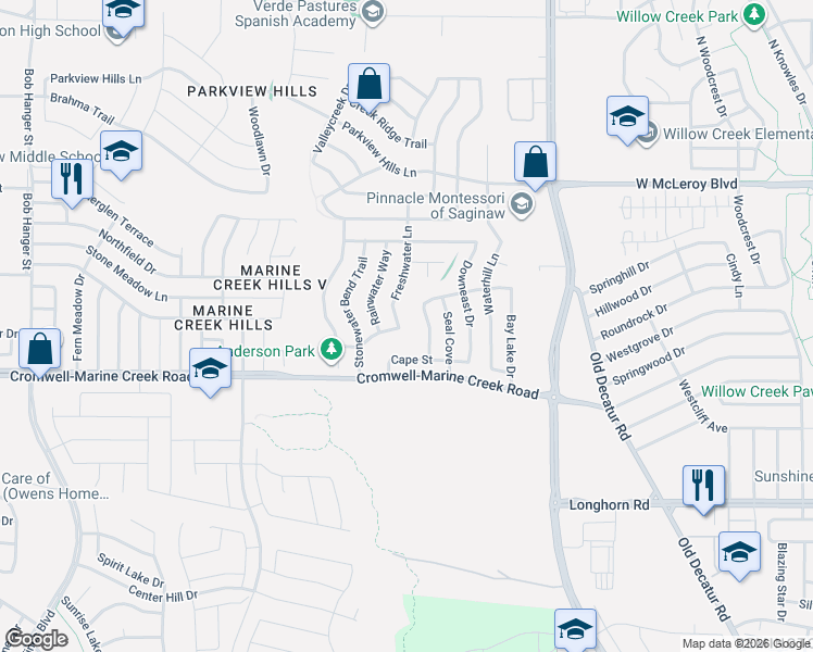 map of restaurants, bars, coffee shops, grocery stores, and more near 6370 Freshwater Lane in Fort Worth