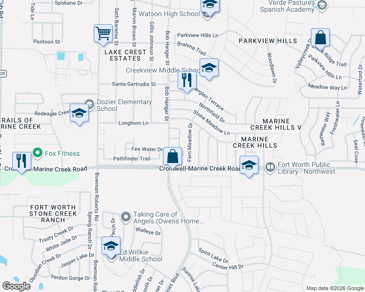 map of restaurants, bars, coffee shops, grocery stores, and more near 6400 Twilight Circle in Fort Worth