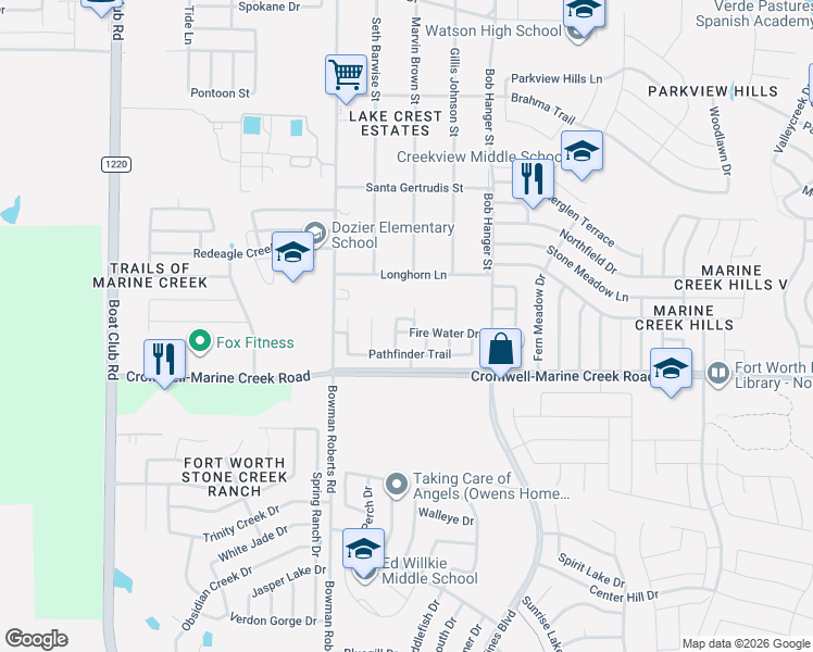 map of restaurants, bars, coffee shops, grocery stores, and more near 6048 Bowman Roberts Road in Fort Worth