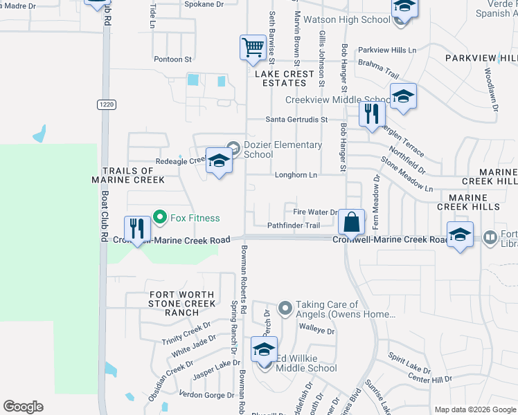 map of restaurants, bars, coffee shops, grocery stores, and more near 6117 Longhorn Lane in Fort Worth
