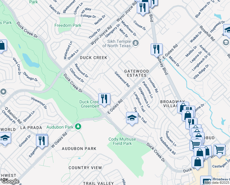 map of restaurants, bars, coffee shops, grocery stores, and more near 4834 Rollingwood Court in Garland