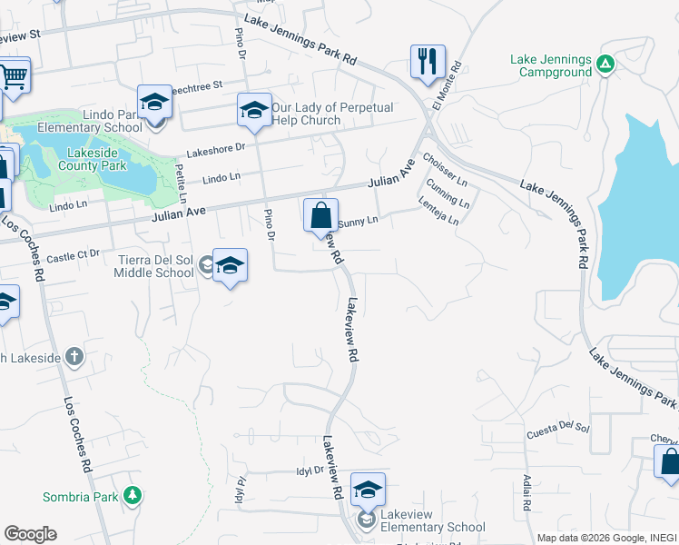 map of restaurants, bars, coffee shops, grocery stores, and more near 9593 Red Diamond Drive in Lakeside