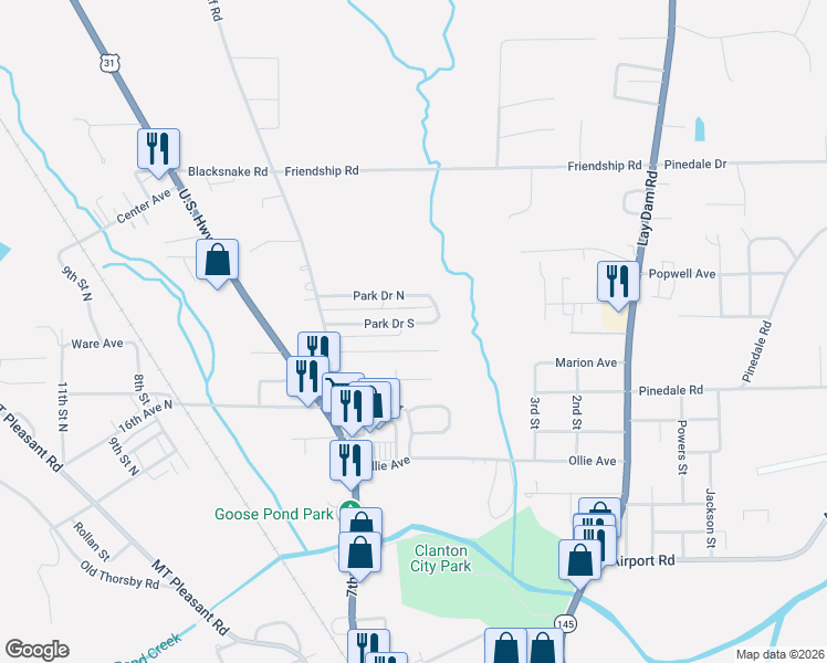 map of restaurants, bars, coffee shops, grocery stores, and more near 144 Park Drive South in Clanton