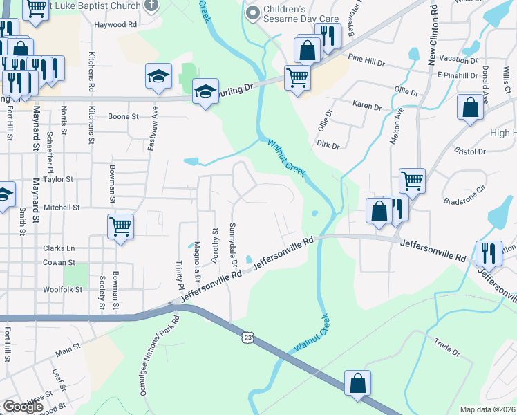 map of restaurants, bars, coffee shops, grocery stores, and more near 1003 Sparkle Avenue in Macon