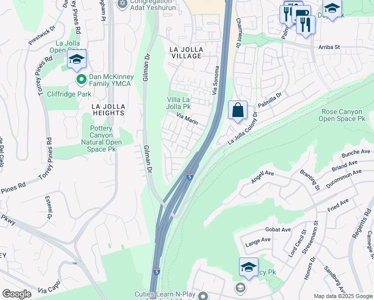 map of restaurants, bars, coffee shops, grocery stores, and more near 8151 Caminito Sonoma in San Diego