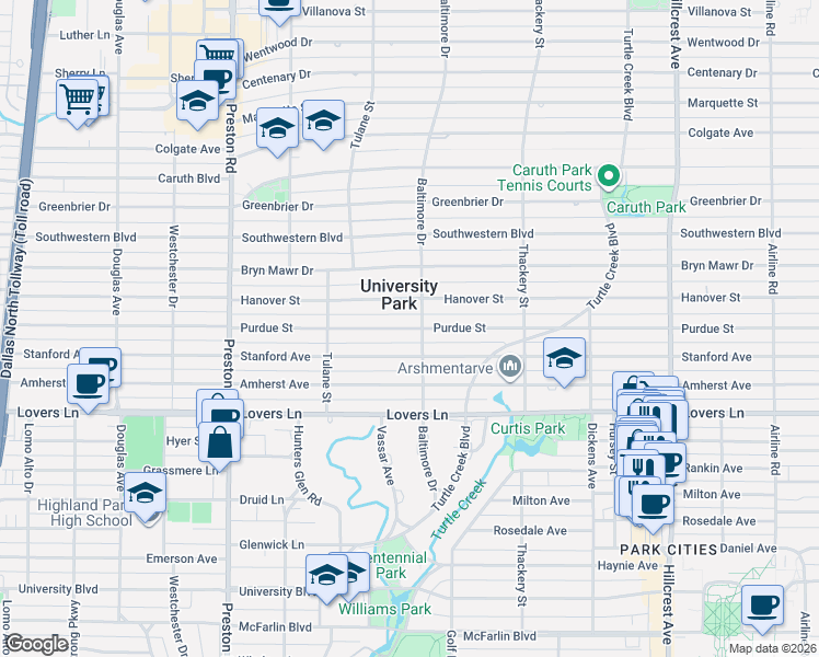 map of restaurants, bars, coffee shops, grocery stores, and more near 3715 Hanover Street in Dallas