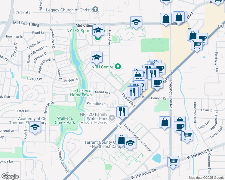 map of restaurants, bars, coffee shops, grocery stores, and more near 9001 Grand Avenue in Fort Worth