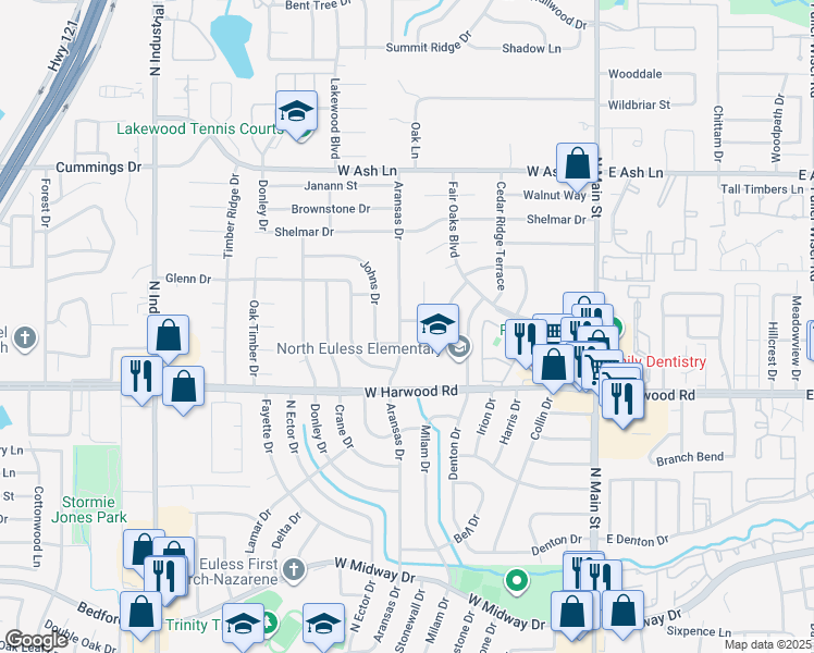 map of restaurants, bars, coffee shops, grocery stores, and more near 1211 Aransas Drive in Euless