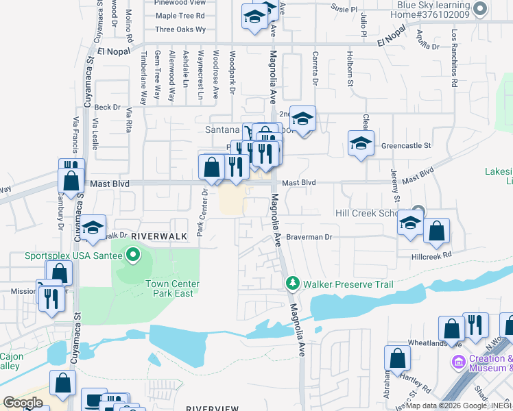 map of restaurants, bars, coffee shops, grocery stores, and more near 9740 Magnolia Avenue in Santee