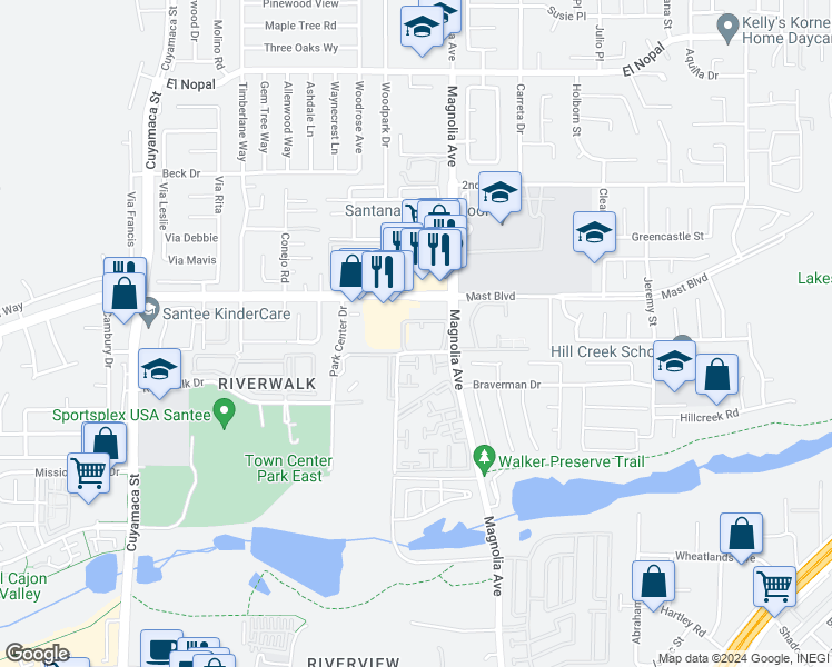 map of restaurants, bars, coffee shops, grocery stores, and more near 10150 Palm Glen Drive in Santee