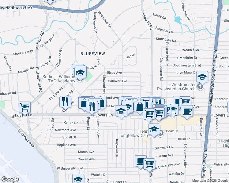 map of restaurants, bars, coffee shops, grocery stores, and more near 4903 Purdue Avenue in Dallas