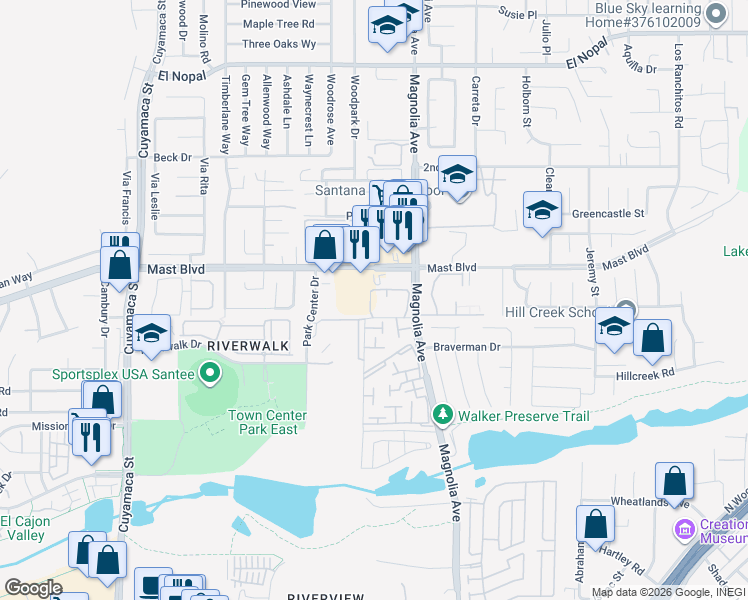 map of restaurants, bars, coffee shops, grocery stores, and more near 10150 Palm Glen Drive in Santee