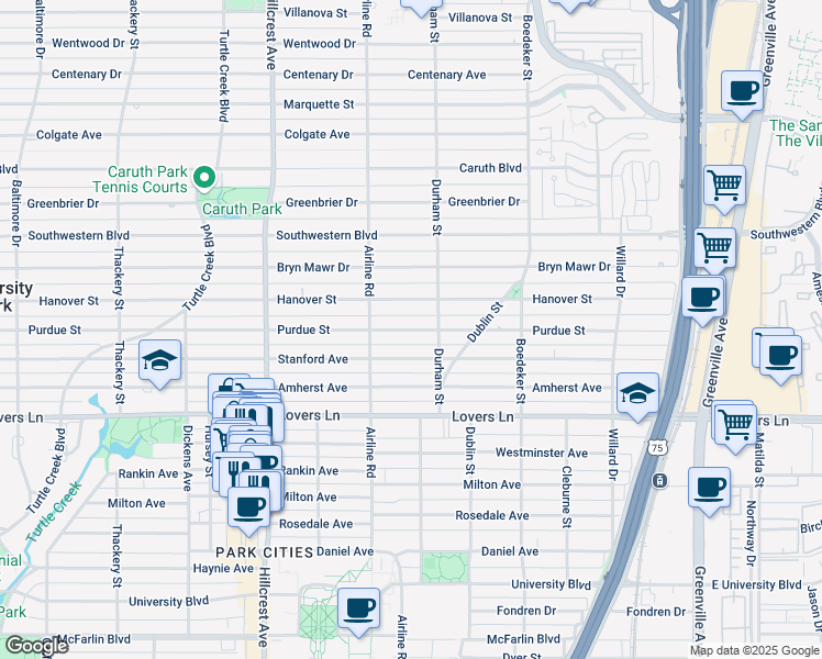 map of restaurants, bars, coffee shops, grocery stores, and more near 3121 Hanover Street in Dallas