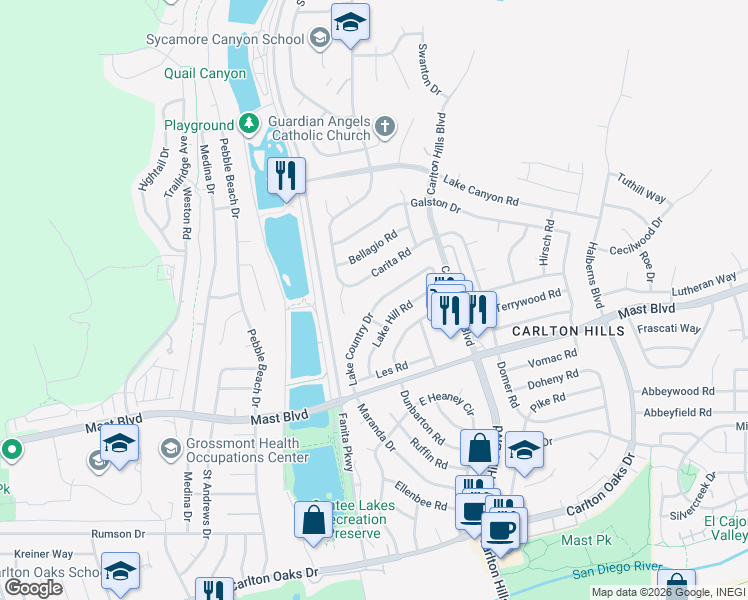 map of restaurants, bars, coffee shops, grocery stores, and more near 9312 Lake Country Drive in Santee
