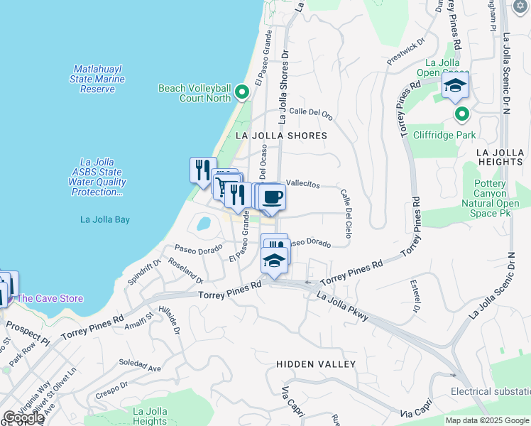 map of restaurants, bars, coffee shops, grocery stores, and more near 8124 Paseo Del Ocaso in San Diego
