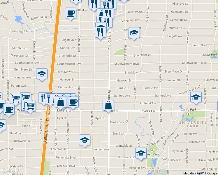 map of restaurants, bars, coffee shops, grocery stores, and more near Preston Rd & Purdue Ave in University Park