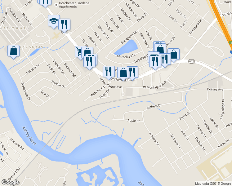 map of restaurants, bars, coffee shops, grocery stores, and more near 4683 West Montague Avenue in North Charleston