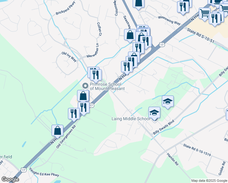 map of restaurants, bars, coffee shops, grocery stores, and more near 2714 North Highway 17 in Mount Pleasant