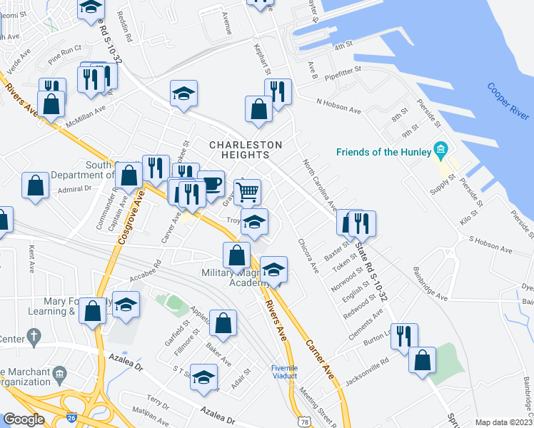map of restaurants, bars, coffee shops, grocery stores, and more near 3109 North Atlantic Avenue in North Charleston