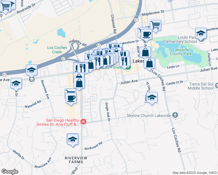 map of restaurants, bars, coffee shops, grocery stores, and more near 9650 Prospect Avenue in Lakeside