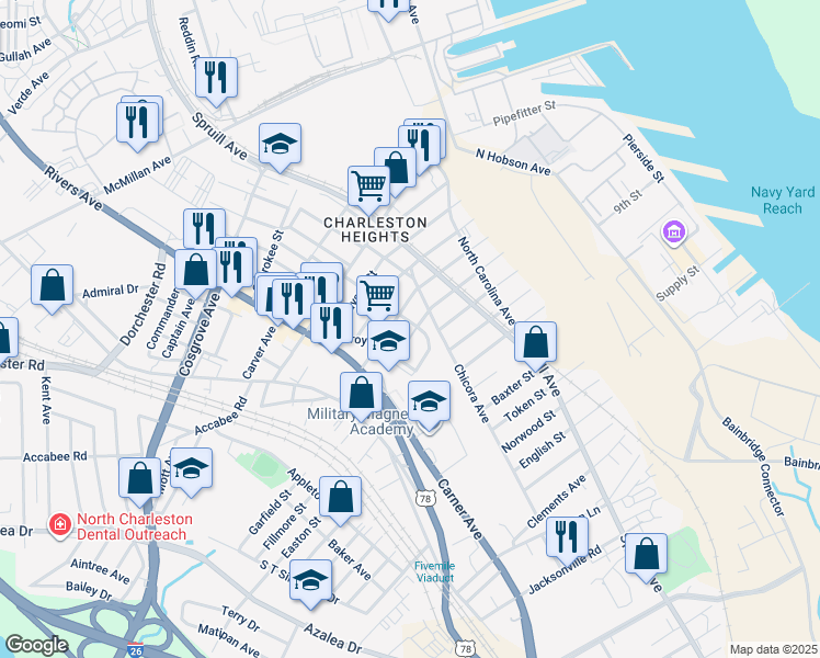 map of restaurants, bars, coffee shops, grocery stores, and more near 1919 Success Street in North Charleston