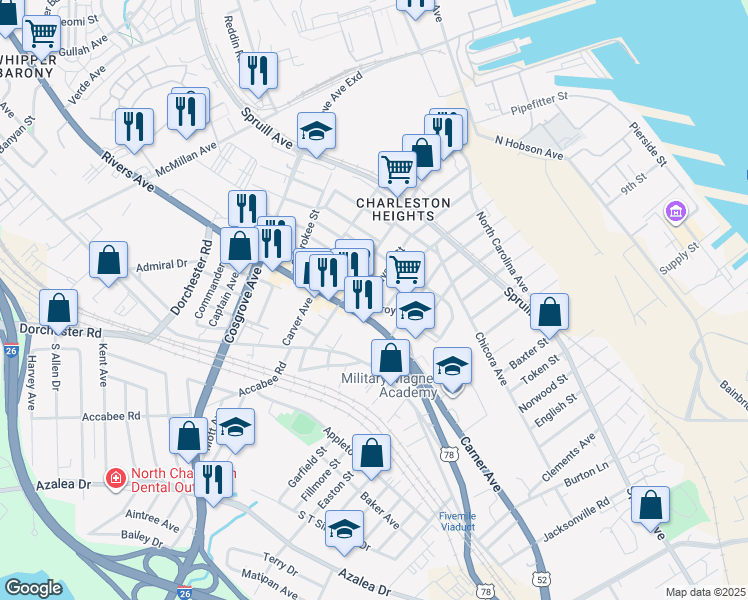 map of restaurants, bars, coffee shops, grocery stores, and more near 2017 Reynolds Avenue in North Charleston