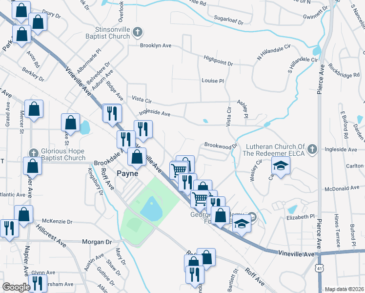 map of restaurants, bars, coffee shops, grocery stores, and more near 221 Ridgewood Avenue in Macon
