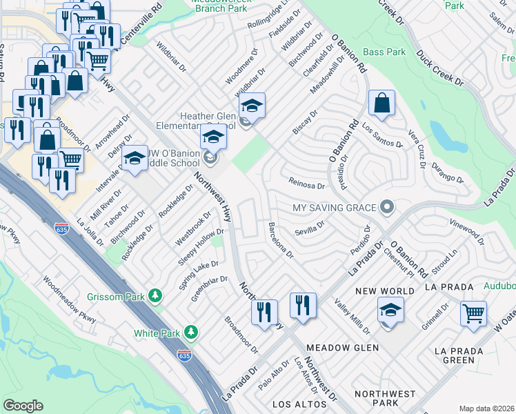 map of restaurants, bars, coffee shops, grocery stores, and more near 733 Meadowcreek Court in Garland