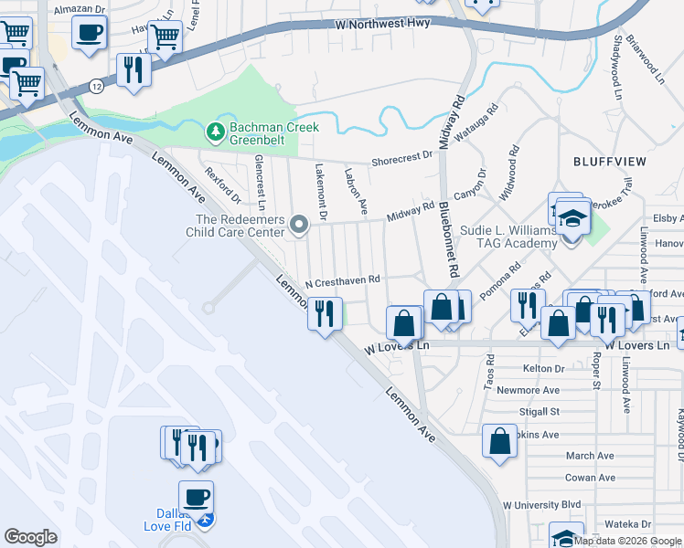 map of restaurants, bars, coffee shops, grocery stores, and more near 8413 Ridgelea Street in Dallas