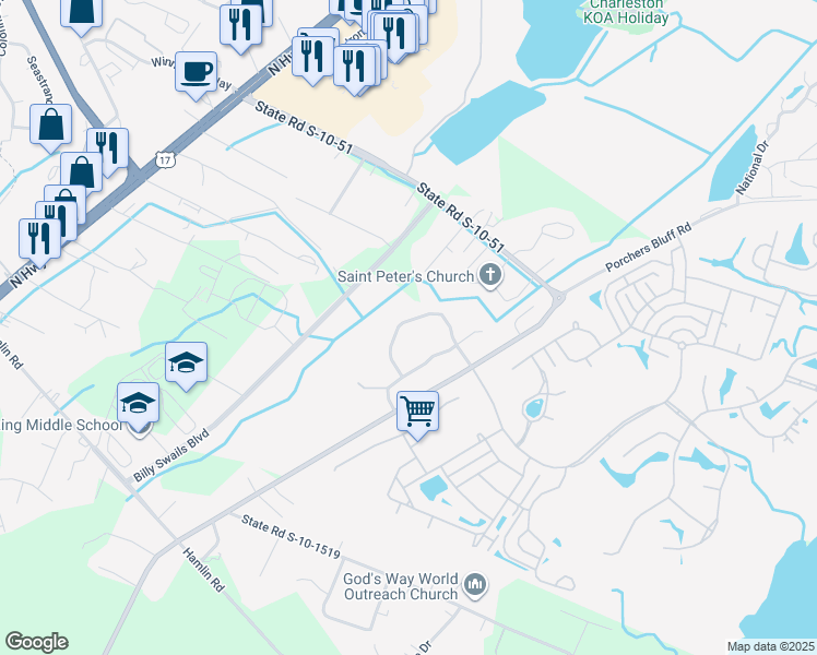 map of restaurants, bars, coffee shops, grocery stores, and more near 1391 Hamlin Park Circle in Mount Pleasant