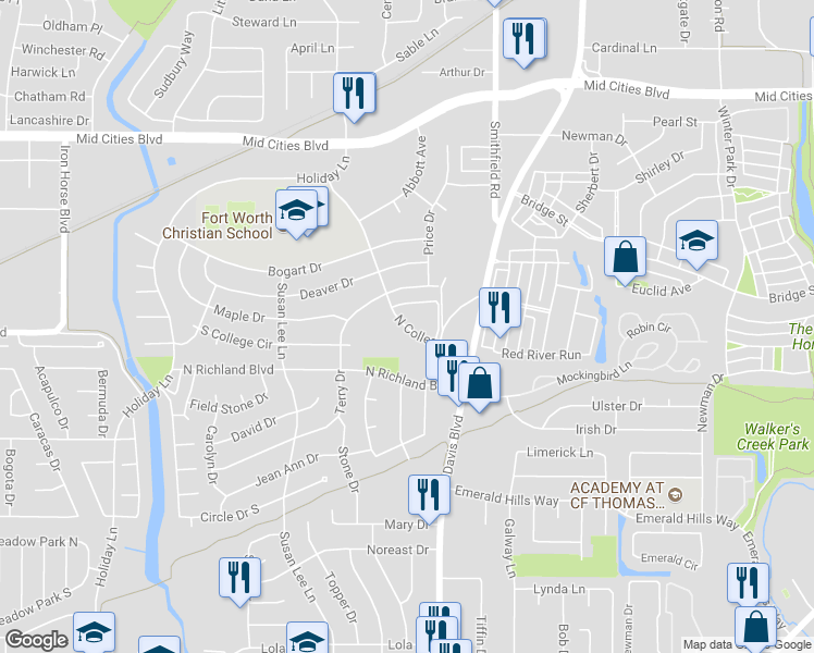 map of restaurants, bars, coffee shops, grocery stores, and more near 7706 North College Circle in North Richland Hills