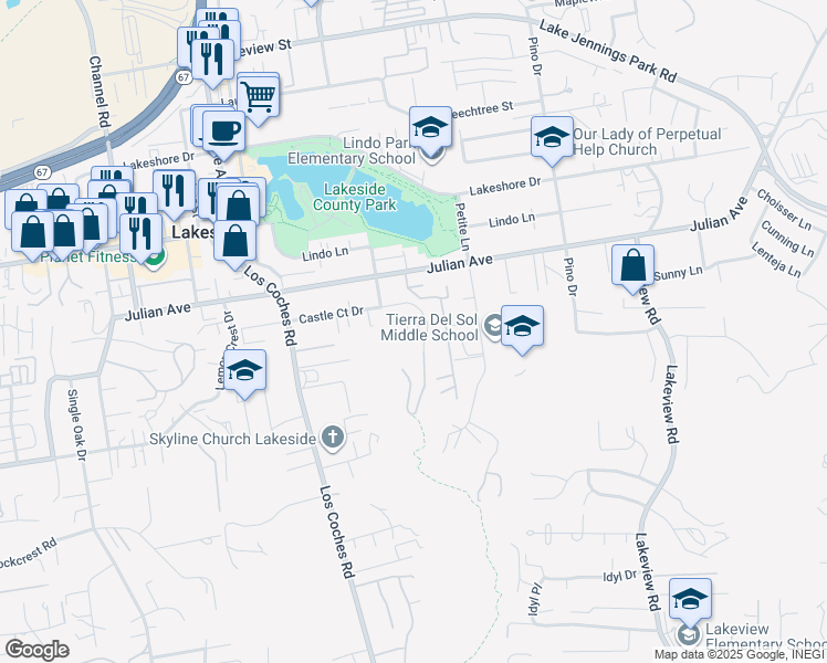 map of restaurants, bars, coffee shops, grocery stores, and more near 12882 Castle Court Drive in Lakeside
