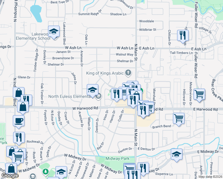 map of restaurants, bars, coffee shops, grocery stores, and more near 301 Fair Oaks Boulevard in Euless