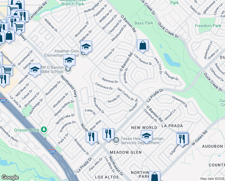 map of restaurants, bars, coffee shops, grocery stores, and more near 555 San Carlos Drive in Garland