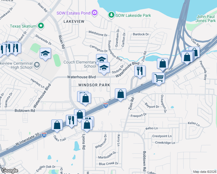 map of restaurants, bars, coffee shops, grocery stores, and more near 5112 Wedgewood Drive in Garland
