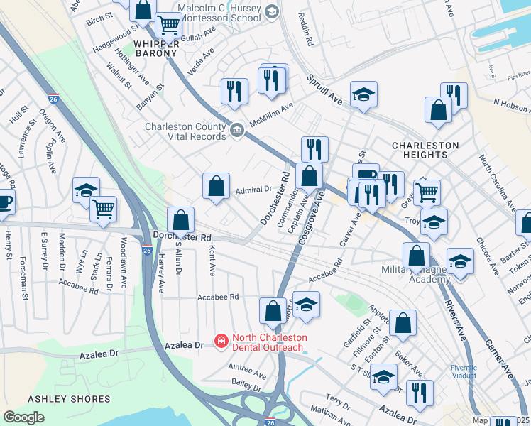 map of restaurants, bars, coffee shops, grocery stores, and more near 2142 Dorchester Road in North Charleston