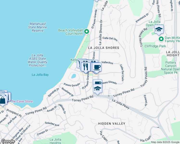 map of restaurants, bars, coffee shops, grocery stores, and more near 8124 Paseo Del Ocaso in San Diego