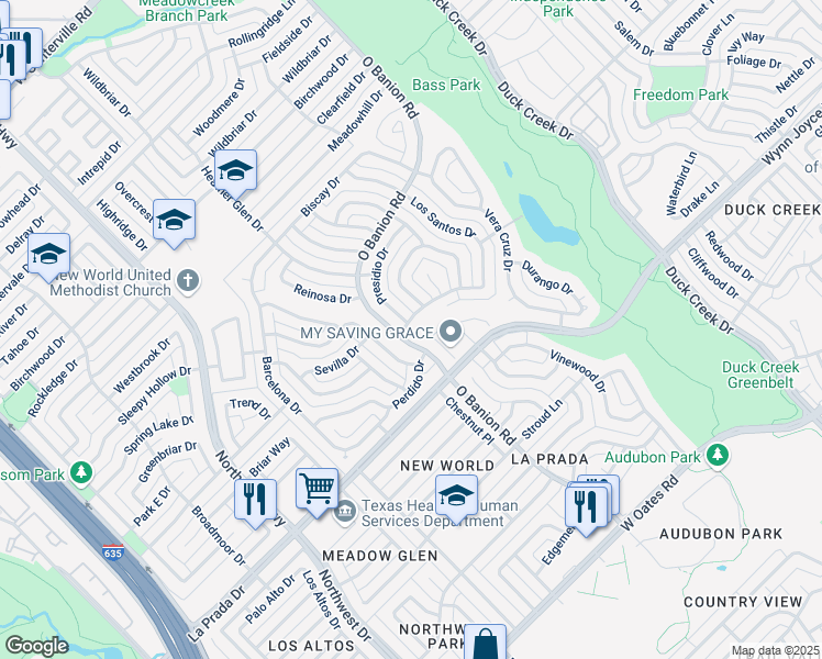 map of restaurants, bars, coffee shops, grocery stores, and more near 5206 Woodmeadow Drive in Garland