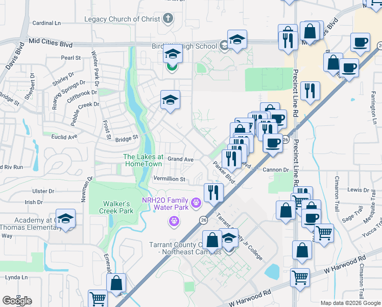 map of restaurants, bars, coffee shops, grocery stores, and more near 6113 Parker Boulevard in North Richland Hills