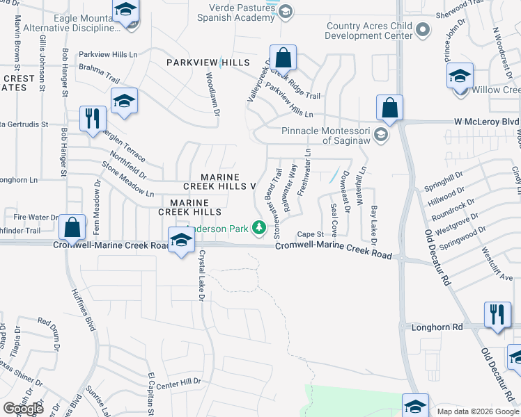 map of restaurants, bars, coffee shops, grocery stores, and more near 6370 Riverwater Trail in Fort Worth