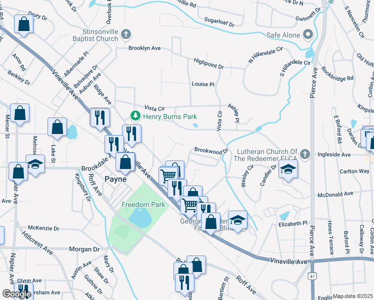 map of restaurants, bars, coffee shops, grocery stores, and more near 3175 Brookwood Drive in Macon