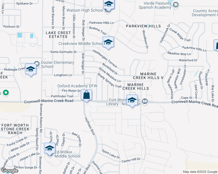 map of restaurants, bars, coffee shops, grocery stores, and more near 6412 Woodcreek Trail in Fort Worth