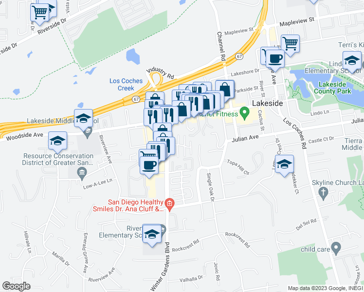map of restaurants, bars, coffee shops, grocery stores, and more near 9721 Winter Gardens Boulevard in Lakeside