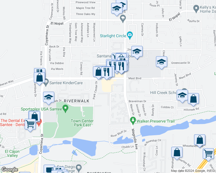 map of restaurants, bars, coffee shops, grocery stores, and more near 10150 Palm Glen Drive in Santee