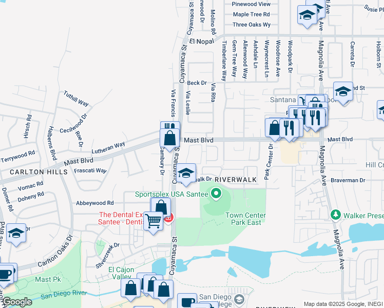 map of restaurants, bars, coffee shops, grocery stores, and more near 9775 Lorraine Way in Santee