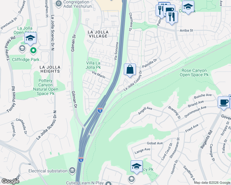 map of restaurants, bars, coffee shops, grocery stores, and more near 4085 Rosenda Court in San Diego
