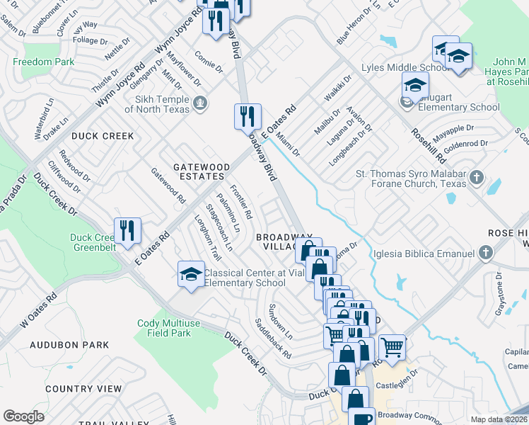 map of restaurants, bars, coffee shops, grocery stores, and more near 412 San Mateo Drive in Garland